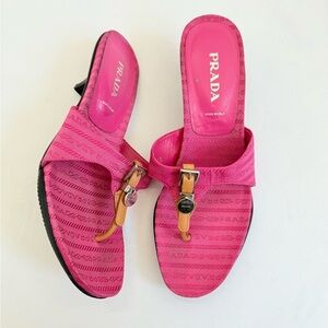 Prada Pink Logo Kitten Heel Slide Canvas Thong Sandals Vintage EU40